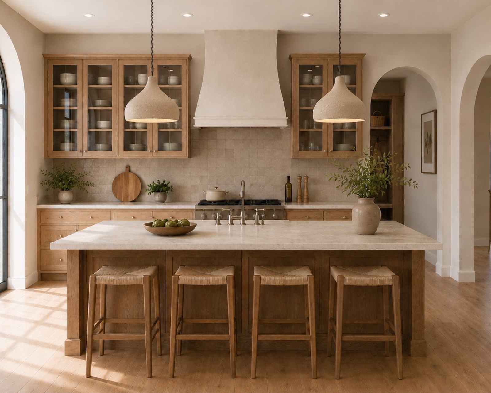 Rendering of the kitchen with wood cabinetry and a plaster-finish range hood