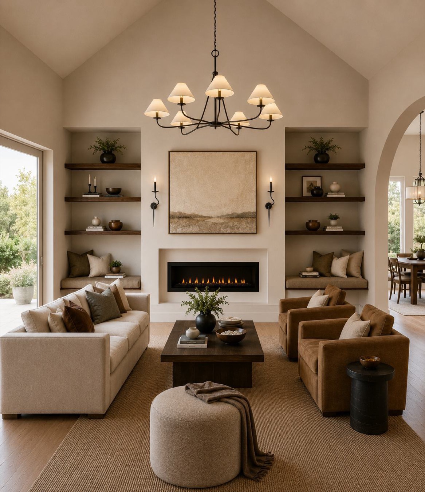 Rendering of the living room with a vaulted ceiling and built-in shelving around the fireplace
