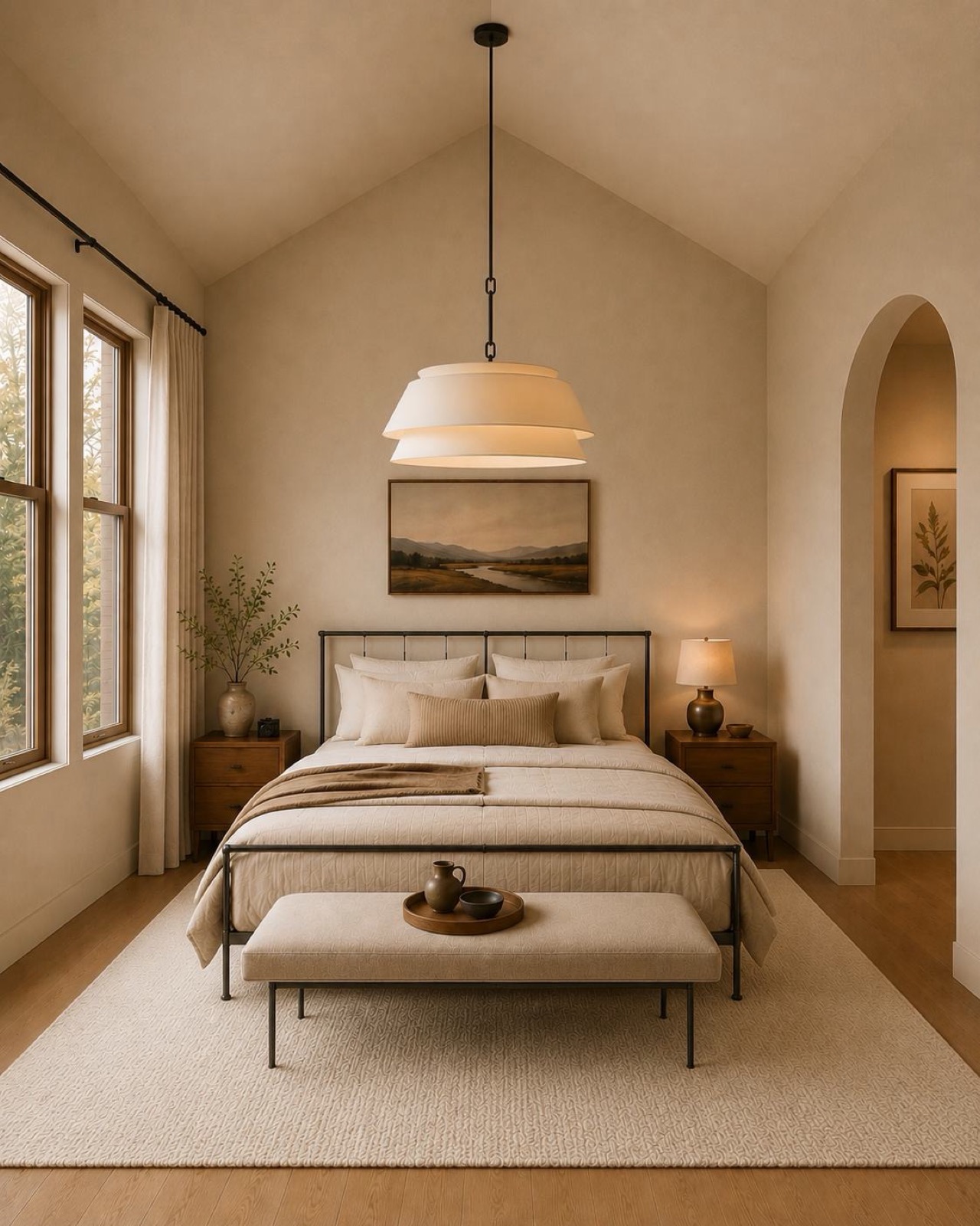 Rendering of the primary bedroom with a vaulted ceiling