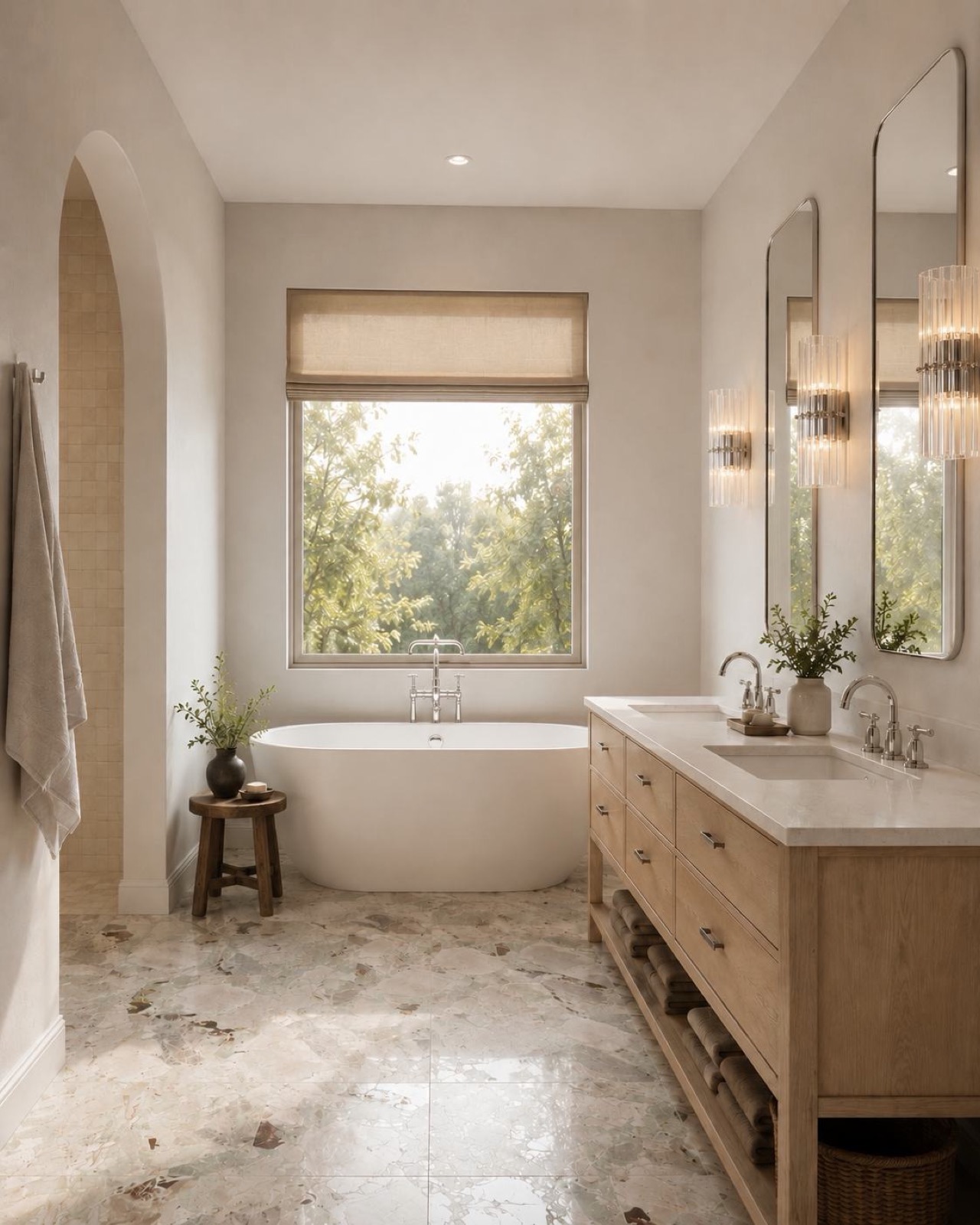 Rendering of the primary bath with a freestanding soaking tub and dual vanity