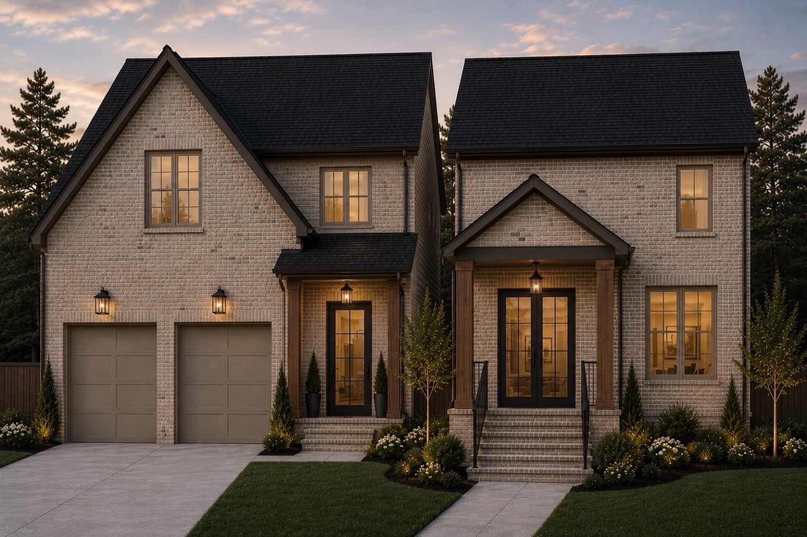 Rendering of a mirrored two-unit home on Edwards Avenue with painted brick, black windows, and a shared two-car garage