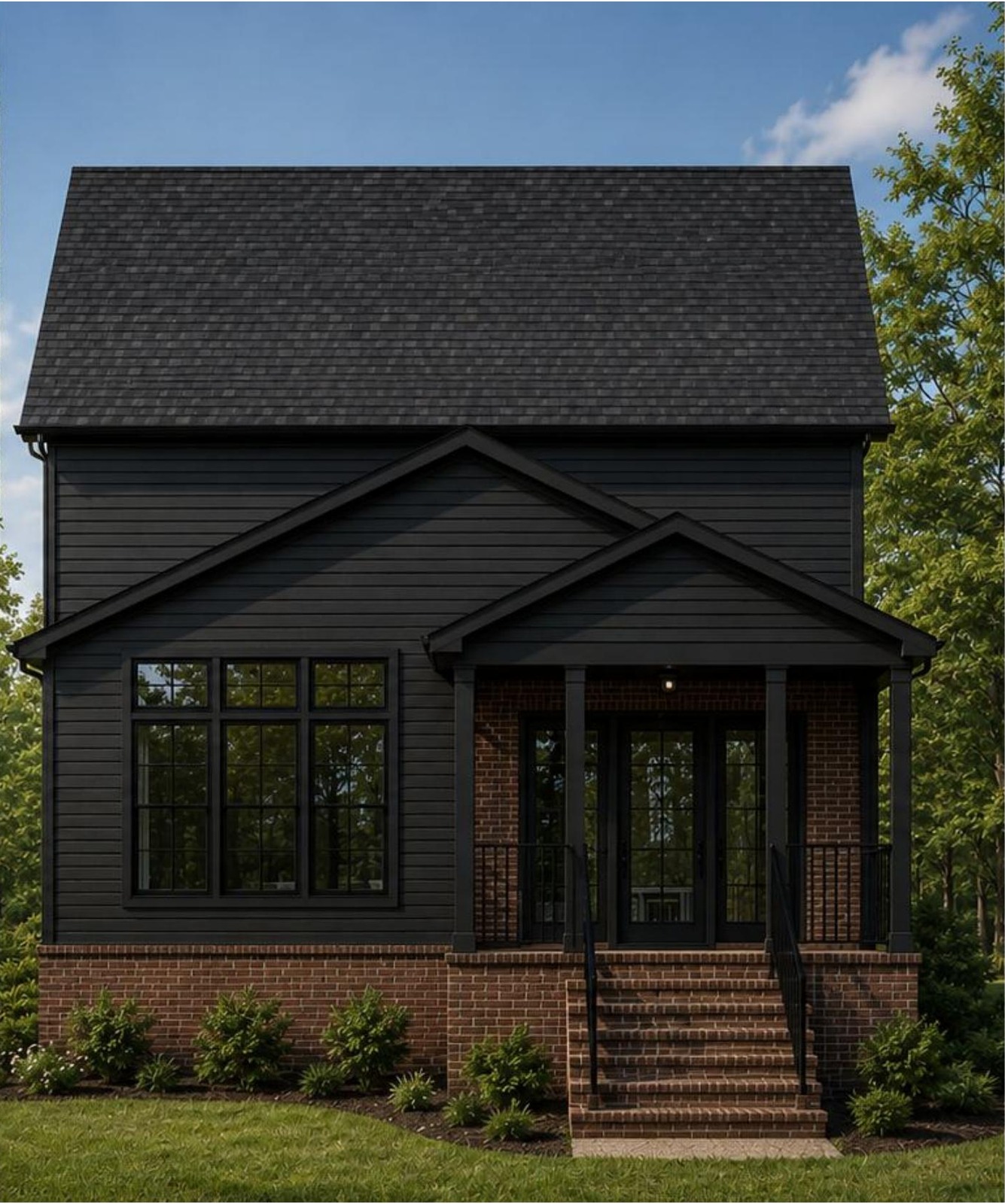 Rendering of a second exterior elevation with black lap siding and a covered brick porch