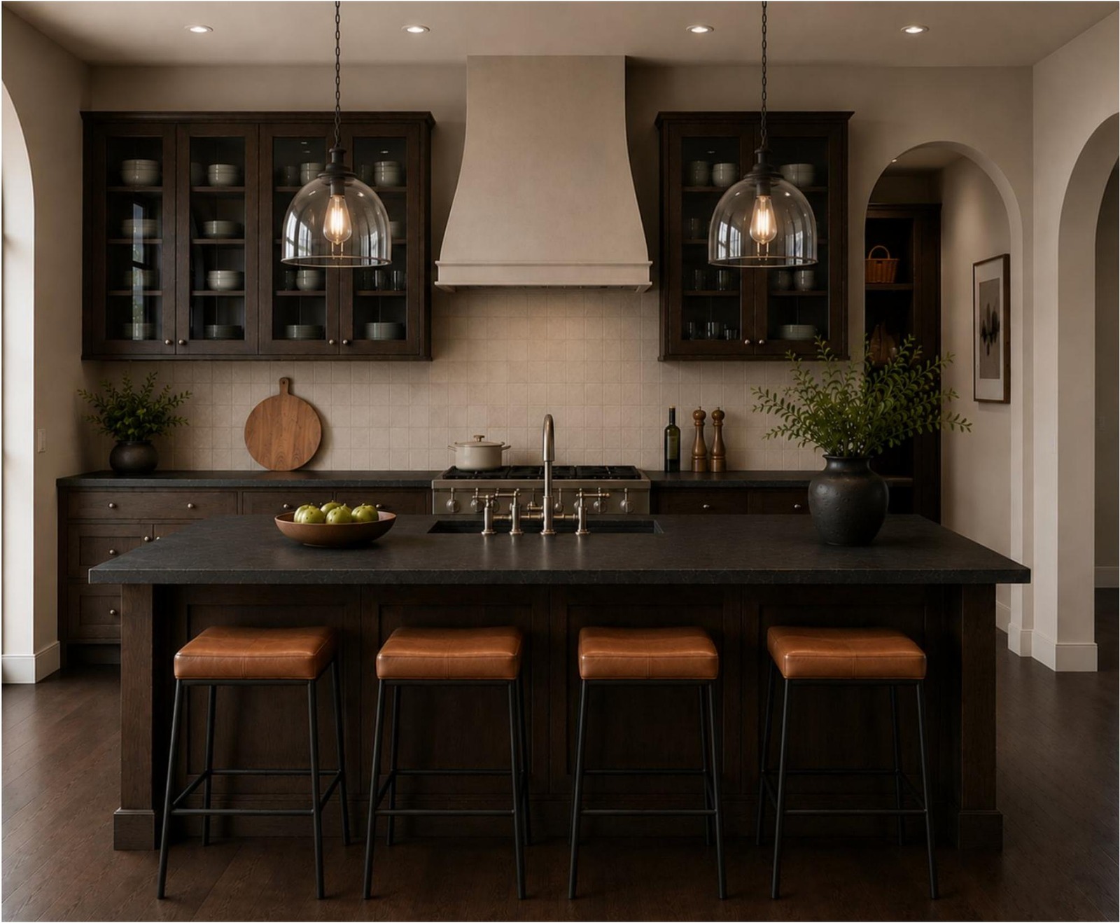 Design rendering of a kitchen with dark stained cabinetry and a plaster-finish range hood