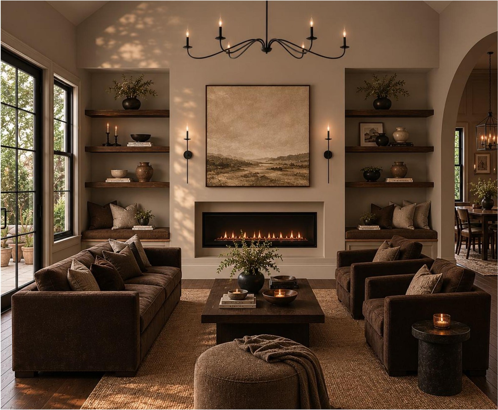 Rendering of the living room with a linear fireplace and built-in shelving