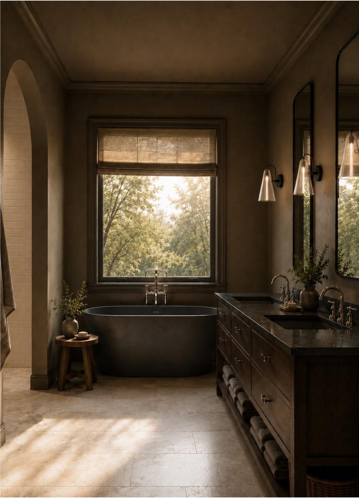 Rendering of the primary bath with a matte black freestanding soaking tub