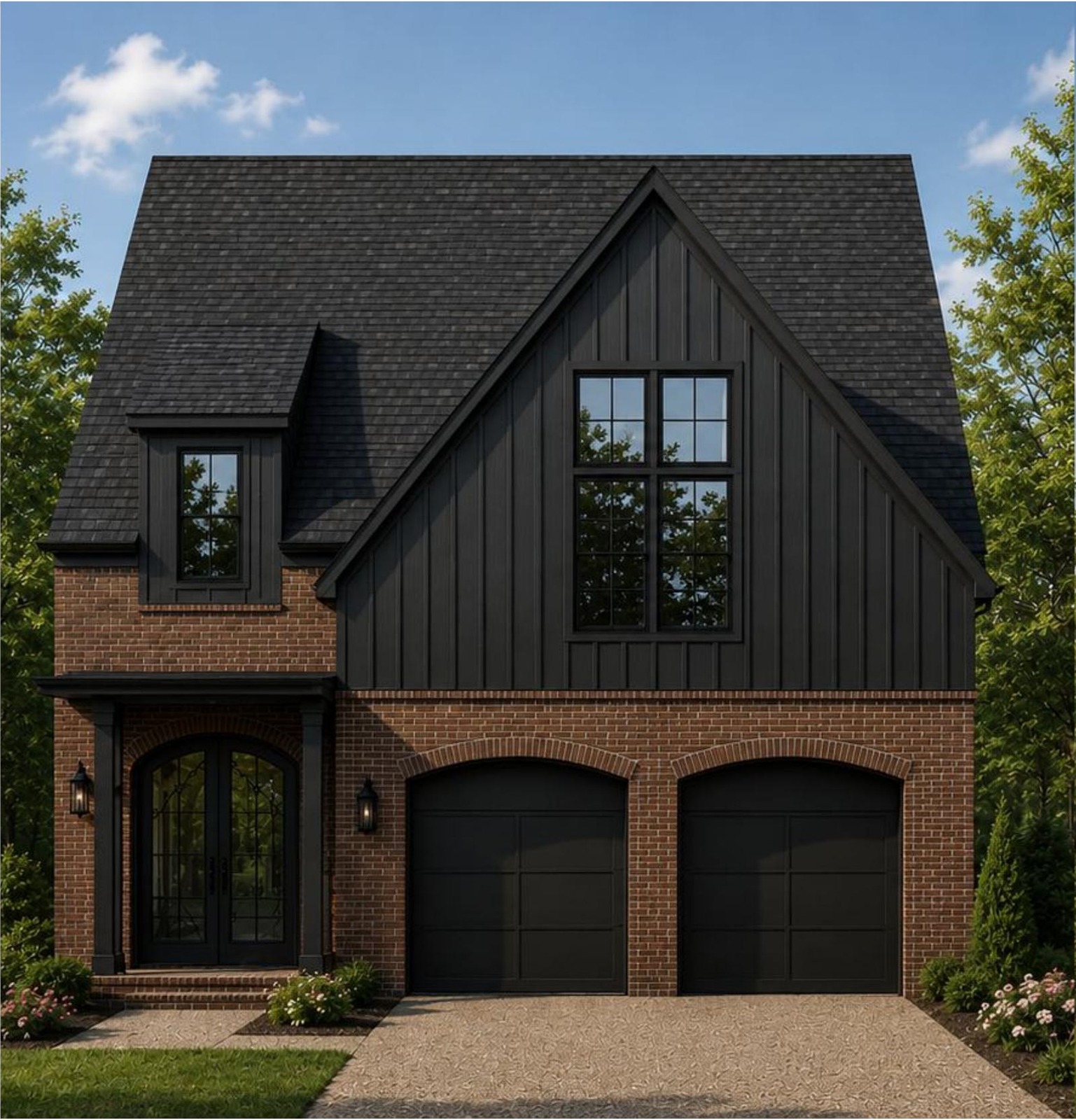 Rendering of a home on Edwards Avenue with a brick lower level and a black board-and-batten gable above